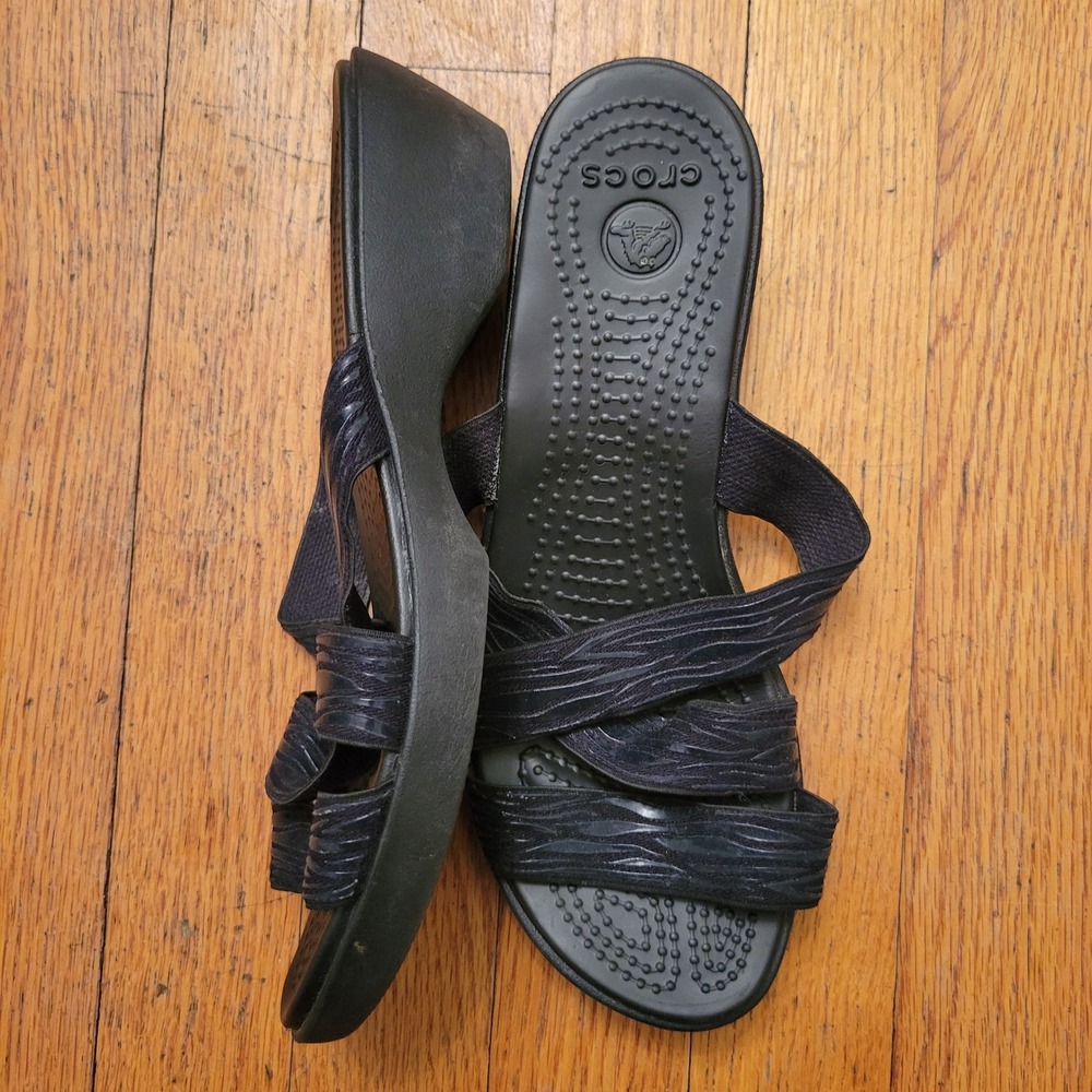 Crocs 8 Wedge Sandals Black Textured Strappy MOLALLA II Summer Beach Coastal